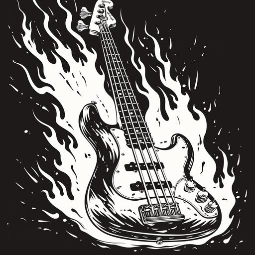 Black and white vector line-art illustration of a Fender bass guitar on fire