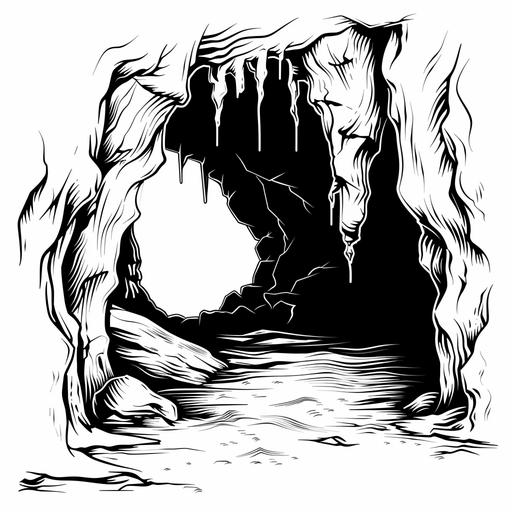 Black and white vector line-art illustration of a cave.