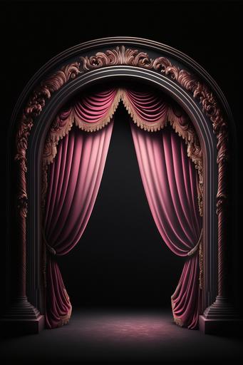 Black background, arch board in the center, long velvet pink curtain on both sides, 4k, HD, --ar 2:3