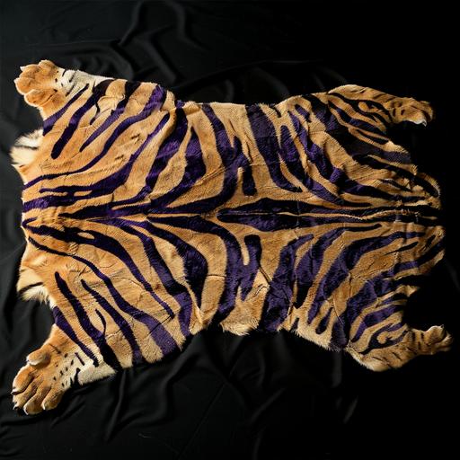 Black background, photo of a tiger skin carpet with purple stripes spread out, no background