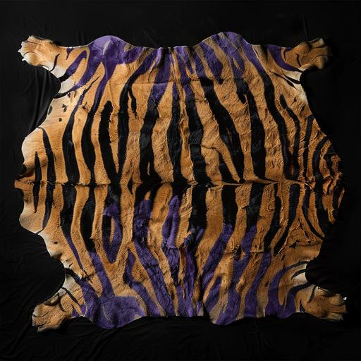 Black background, photo of a tiger skin carpet with purple stripes spread out, no background