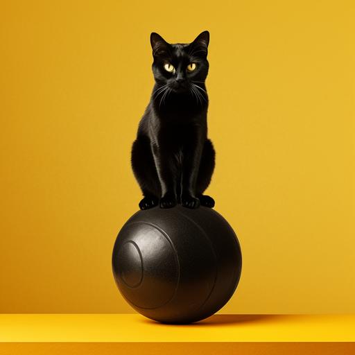 Black cat balancing on a yellow circus ball. Artistic expression