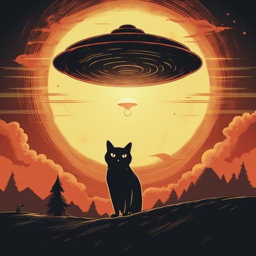 Black cat being abducted by an UFO. Cartoon style