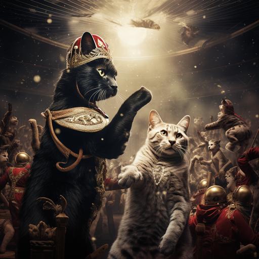 Black cat having a boxing match vs a Jack Russell in a vintage style boxing ring with a raucous crown of animals watching, arms in the air & money being waved around