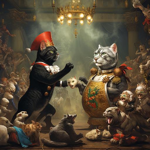 Black cat having a boxing match vs a Jack Russell in a vintage style boxing ring with a raucous crown of animals watching, arms in the air & money being waved around