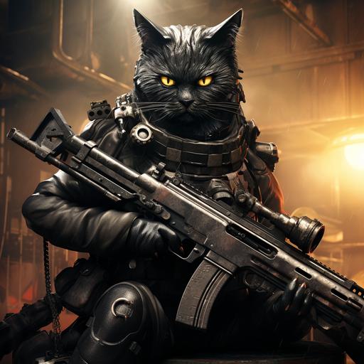 Black cat with a machine gun