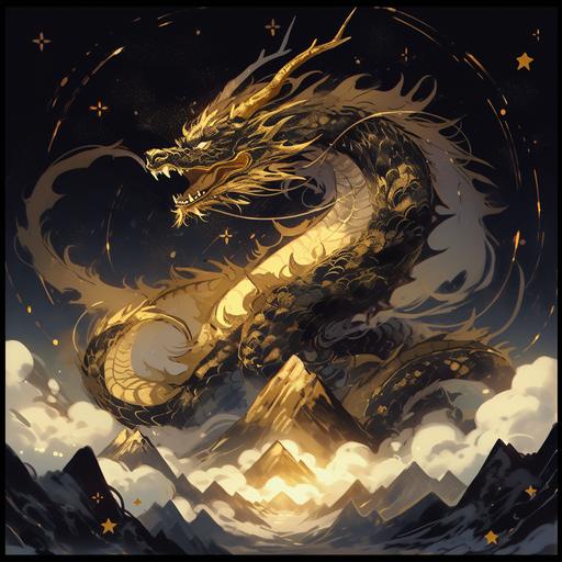 Black gold, with a sky in the background, a mountain with a little gold rim below, dragons on top, details,minimalism --s 750 --niji 5