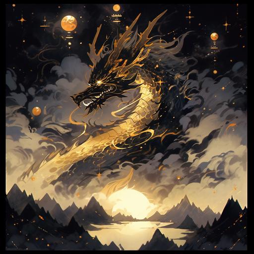 Black gold, with a sky in the background, a mountain with a little gold rim below, dragons on top, details,minimalism --s 750 --niji 5