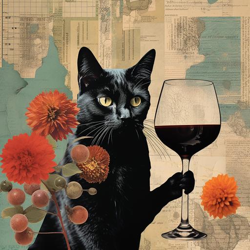 Black kitten, red wine glass in hand, pleasant Friday mood, paper collage