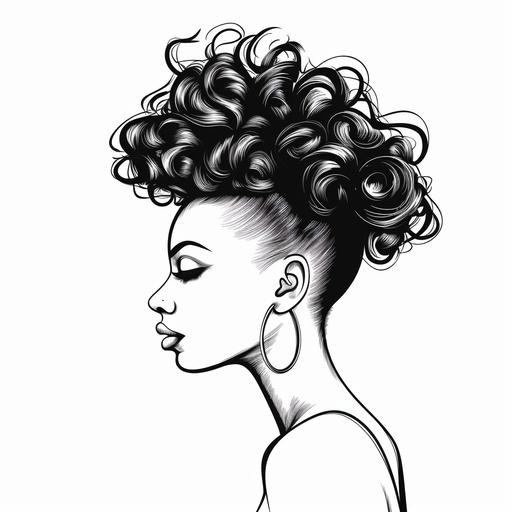 Black line no color dark line drawing no fill no shade of African American woman side view wearing glasses outline of no black colored fill in top knot curly bun