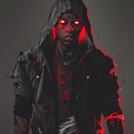 Black man with glowing red eyes, wearing a hoodie with ripped sleves and black gloves, with blood dripping from his mouth, wearing red ring in comic book style full body