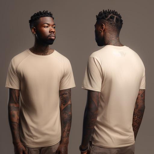 Black man with tattoos wearing a plain offwhite tshirt. Front and back angles. high fidelity. cinematic. hyper detailed and realistic. Neutral background. --s 750 --v 5