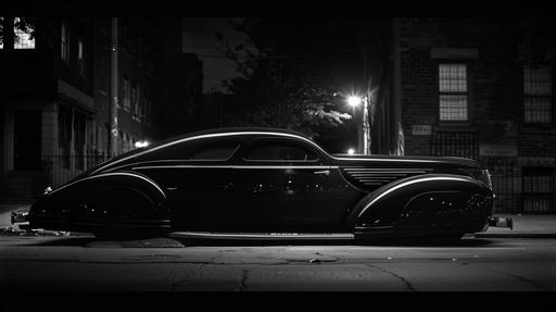 Black metal, sharp crisp detailed hyper-realistic retrofuturistic film noir photography, a 1939 Lincoln Zephyr custom coupe parked beside the curb in a dark street. The only light source is a streetlight just off camera --ar 16:9 --s 250 --v 6.0
