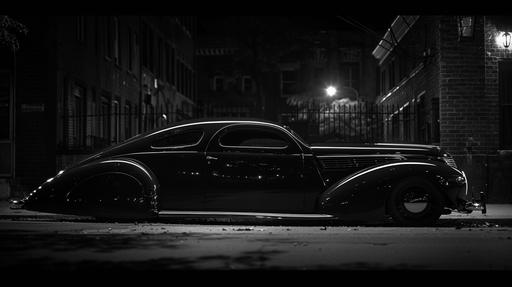 Black metal, sharp crisp detailed hyper-realistic retrofuturistic film noir photography, a 1939 Lincoln Zephyr custom coupe parked beside the curb in a dark street. The only light source is a streetlight just off camera --ar 16:9 --s 250 --v 6.0