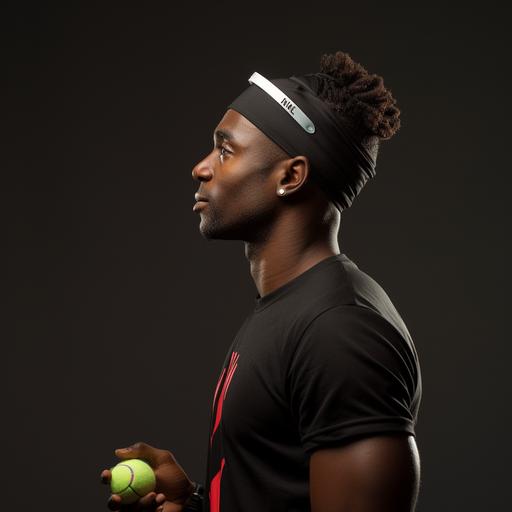Black stocky male, short hair, Pickle ball player, facing left, profile position, wearing a headband, arms by his side, holding a picke ball paddle in his hand, 4k dslr, raw style