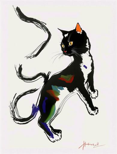 Black，German cat，cat at play, chasing and jumping at a cat toys, action cat, cat-like, Abstract ink art, flowing body form, fluid body, forms, wet inkbleed soft and subtle gradiations, hidden vivid colors, extreme minimalism, Endre Penovac, Nobuyoshi Araki --no drops, splotches, drips, roughness, circle --v 4 --ar 3:4