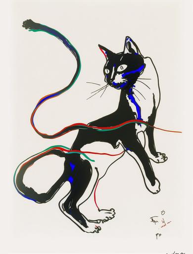 Black，German cat，cat at play, chasing and jumping at a cat toys, action cat, cat-like, Abstract ink art, flowing body form, fluid body, forms, wet inkbleed soft and subtle gradiations, hidden vivid colors, extreme minimalism, Endre Penovac, Nobuyoshi Araki --no drops, splotches, drips, roughness, circle --v 4 --ar 3:4