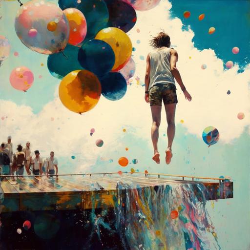 oil paint texture The image shows a person standing at the edge of a diving board, looking down at the water below with a nervous expression on their face. Behind them, there are other people cheering and encouraging them to take the plunge. The sun is shining brightly in the sky, and there are colorful balloons and streamers in the background, creating a festive atmosphere. The overall message of the image is about overcoming fear and taking risks to unlock your potential and live your best life, with the support and encouragement of those around you.