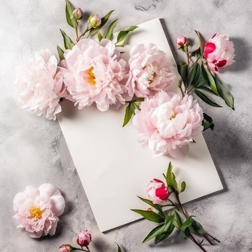 Blank greeting card mockup with garden peonies on concrete background. Summer flat lay composition with flowers. Top view with copy space --q 2 --s 750 --v 5