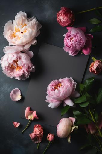 Blank greeting card mockup with peony and garden roses on dark concrete background. Summer flat lay composition with flowers. Top view with copy space. Professional photography ultra realistic photo, 1024 x 1024. --ar 2:3 --q 2 --s 750 --v 5