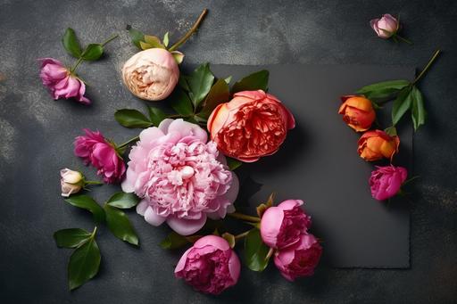 Blank greeting card mockup with peony and garden roses on dark concrete background. Summer flat lay composition with flowers. Top view with copy space. Professional photography ultra realistic photo, 1024 x 1024. --ar 3:2 --q 2 --s 750 --v 5