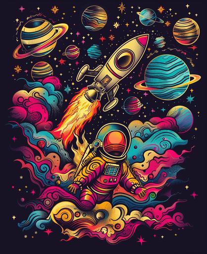 Blast off into space, meeting aliens, planets, and zooming through the galaxy. cartoon style, thick lines, vivid color --ar 9:11