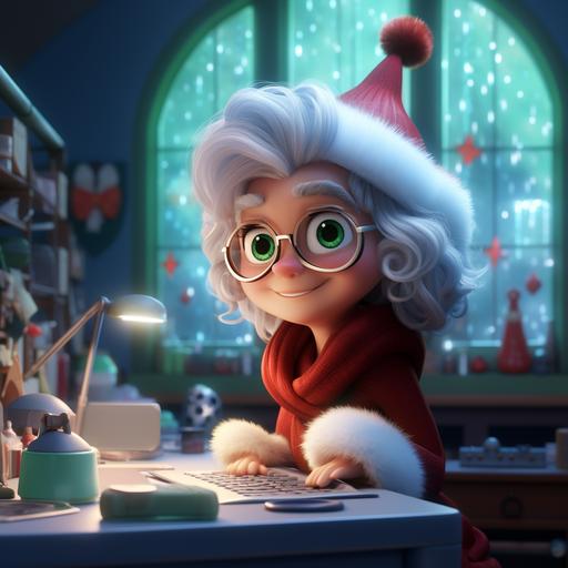 Blender rendering, Sharp, figurine, loud colors, fluorescent lighting, pixar and disney style, wealthy human christmas witch , luxury, fur, winter, peppermint, velvet, jolly, in a a christmas office