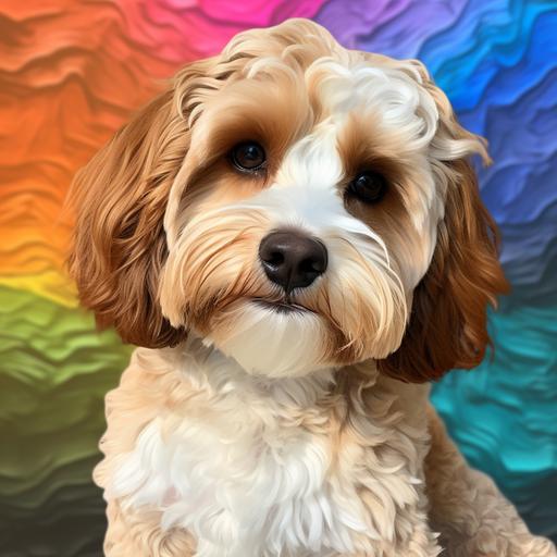 Blenheim cavapoo dog as an iPhone app logo rainbow background highly stylized