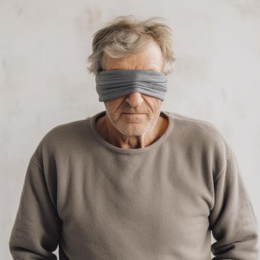 Blindfolded Elderly Man in Gray Long Sleeve Sweater. Blindfolded, Independence, Bearded, Brown Pants, Vertical Shot, Senior. --style raw --s 750