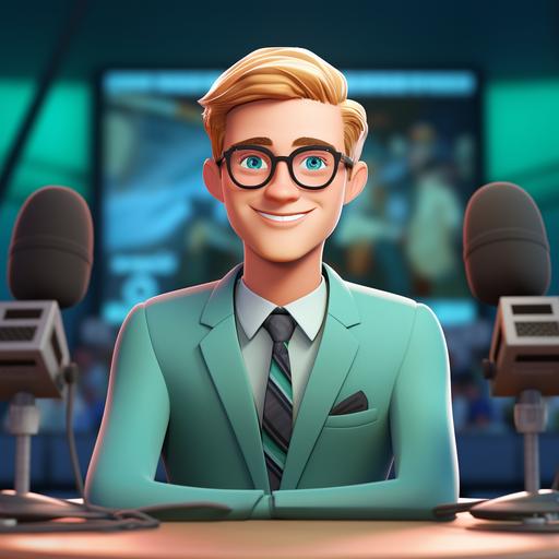 Blond news anchor, with hipster glasses, in a blue suit and black tie, on his blue and green television forum as if it were a Disney Pixar 3D animated film.