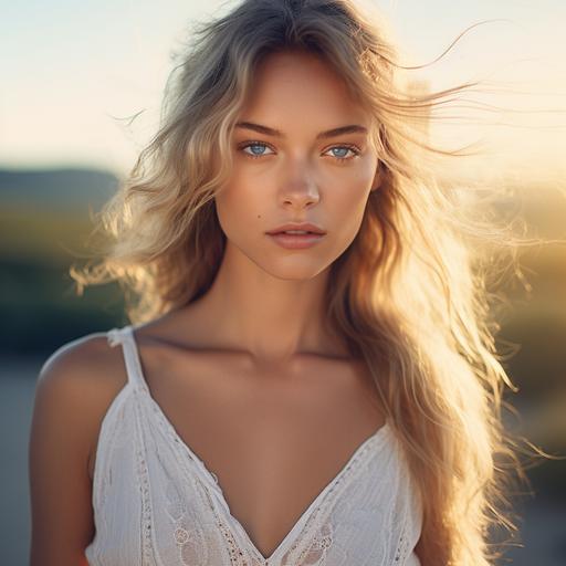 Blonde girl with blue eyes. White summer dress. Natural look. Golden hour and outdoor. Ultra realistic. Detailed face. Canon EOS 5D Mark IV. Closeup Shot.