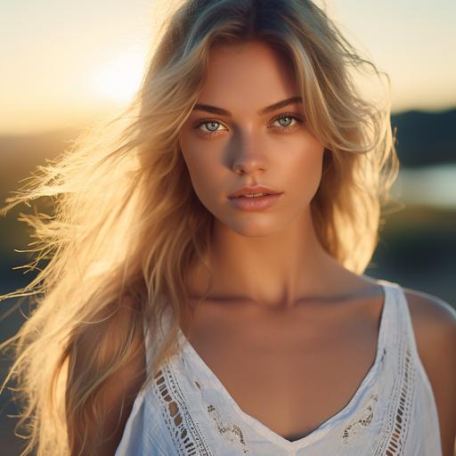 Blonde girl with blue eyes. White summer dress. Natural look. Golden hour and outdoor. Ultra realistic. Detailed face. Canon EOS 5D Mark IV. Closeup Shot.