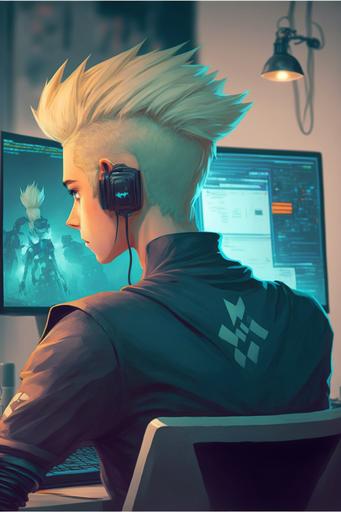 Blonde stylish high fade haircut attractive man working at multi monitor computer wearing earbuds, Far way, showing full apartment, Futuristic, photo realistic cartoon, 4k, animation high definitino pixar style --ar 2:3
