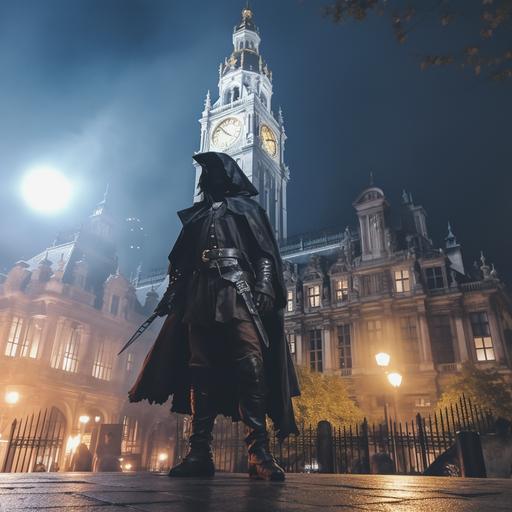 Bloodborne style, an armed adventurer with à hat and a long coat roaming in Lille in France during full moon, on De Gaulle place. City hall belfry, Athena statue and Paris gate visible