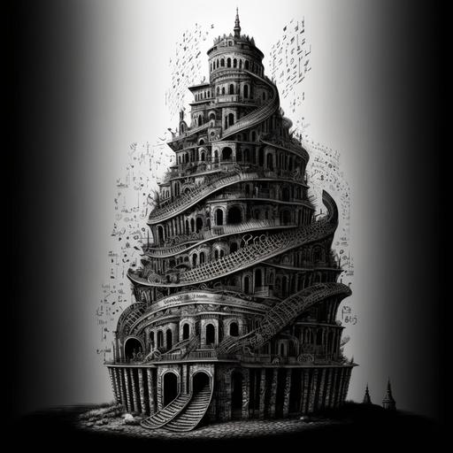 tower of babel constructed out of musical notes, drawing, black and white, detailed