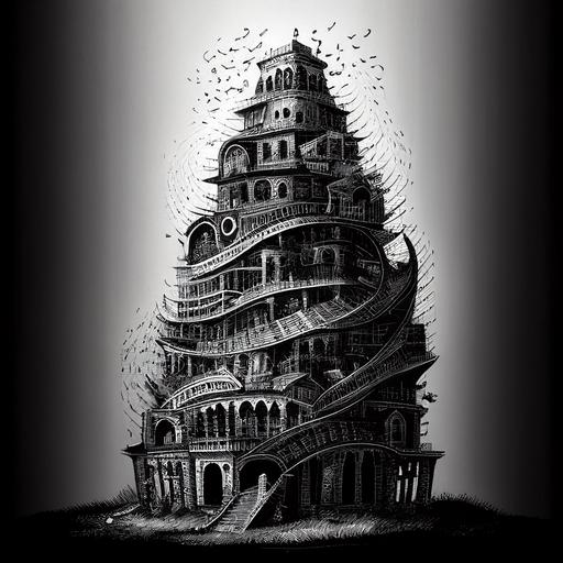 tower of babel constructed out of musical notes, drawing, black and white, detailed