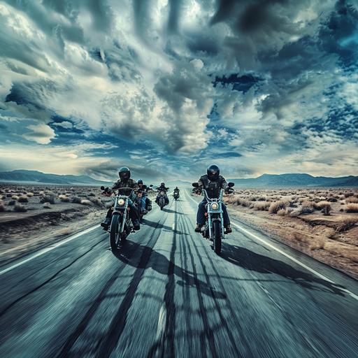 Blue Dragons motorcycle club riding down a desert highway, dramatic composition