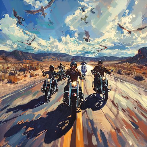 Blue Dragons motorcycle club riding down a desert highway, dramatic composition