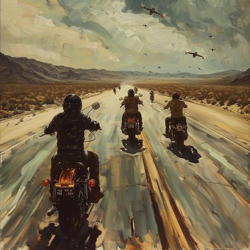 Blue Dragons motorcycle club riding down a desert highway, dramatic composition