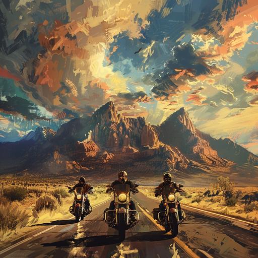 Blue Dragons motorcycle club riding down a desert highway, dramatic composition