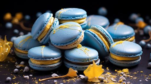 Blue Laduree macarons with yellow filling --ar 16:9