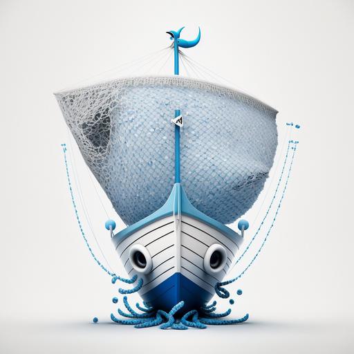 Blue and white boat anchor with fishing net , animation , Pixar, Illumination Entertainment, White background --v 4