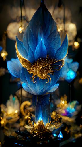 Blue flame rises, above a large blue lotus, above a diamond starlight, below a huge gold Chinese Angel Dragon flame propagation lamp, HD, Dream Fairy Kingdom, 4K --ar 9:16 --q 3