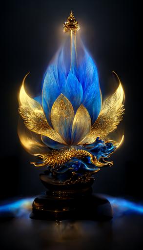 Blue flame rises, above a large blue lotus, above a diamond starlight, below a huge gold Chinese Angel Dragon flame propagation lamp, HD, Dream Fairy Kingdom, 4K --ar 9:16 --q 3