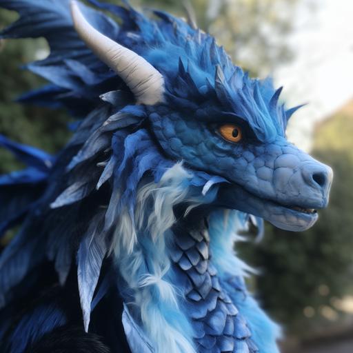 Blue fluffy dragon head with snake body and wolf tail looking into the distant made into a puppet