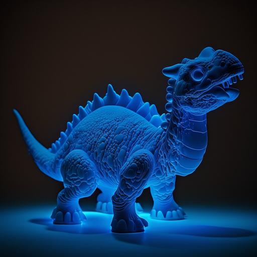 Blue plastic toy dinosaur, glow in the dark.