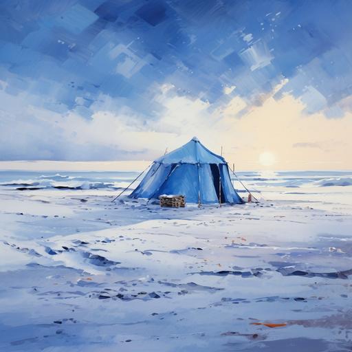 Blue winter dawn, campground far away, snowy beach, sandy beach, white tent, dawn fog, painting