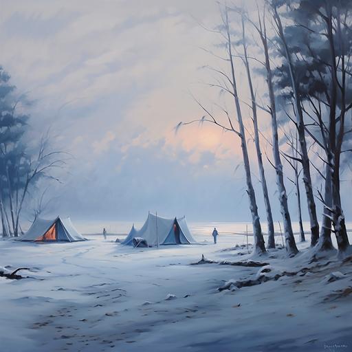 Blue winter dawn, campground far away, snowy beach, sandy beach, white tent, dawn fog, painting