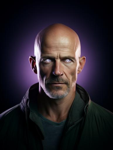 Blurple eyes:: , photo portrait of an incredibly handsome man, rugged and bald, shown from his powerful shoulders up. Blurple energy rises behind him, contrasting his pale green eyes. Haunting, Avant garde, evocative, and strange. --style raw --no grunge --ar 3:4