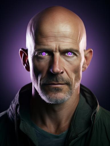 Blurple eyes:: , photo portrait of an incredibly handsome man, rugged and bald, shown from his powerful shoulders up. Blurple energy rises behind him, contrasting his pale green eyes. Haunting, Avant garde, evocative, and strange. --style raw --no grunge --ar 3:4